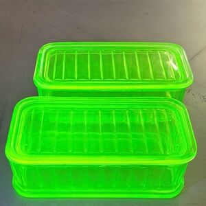 Set of 2 Uranium Green Glass Rectangular Storage Containers Collectibles